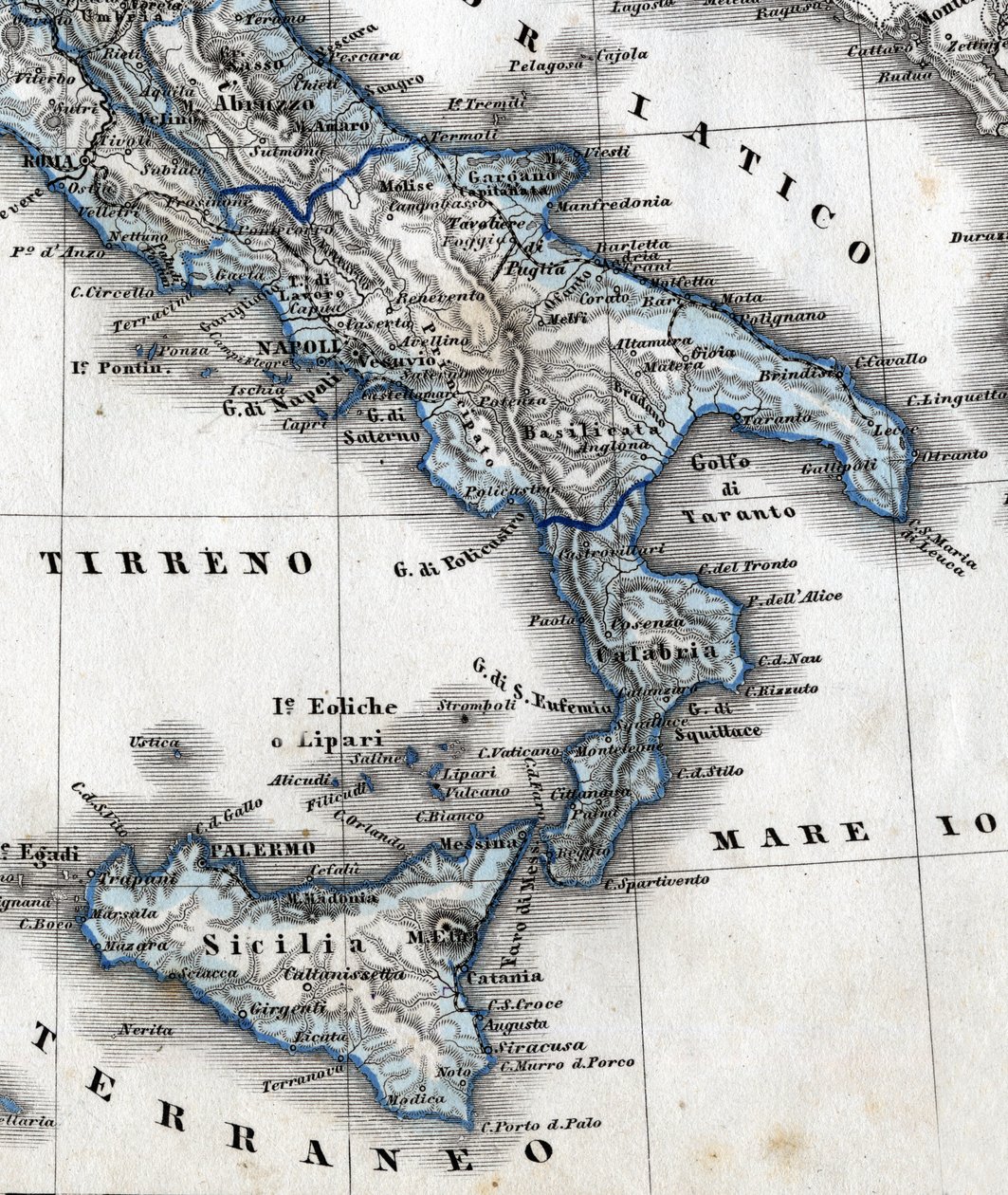南イタリア（カンパニア、カラブリア、シチリア、プーリア、モリーゼ・アブルッツォ地方）の地理地図の詳細。19世紀 作： 無名の画家