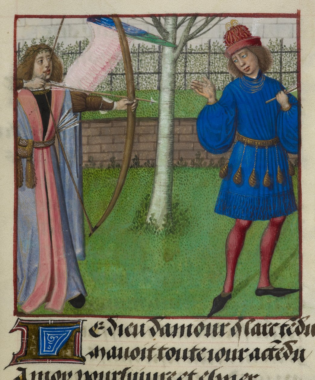 Detalhe de uma miniatura de Amour (Amor) visando o Amante com arco e flecha, de 