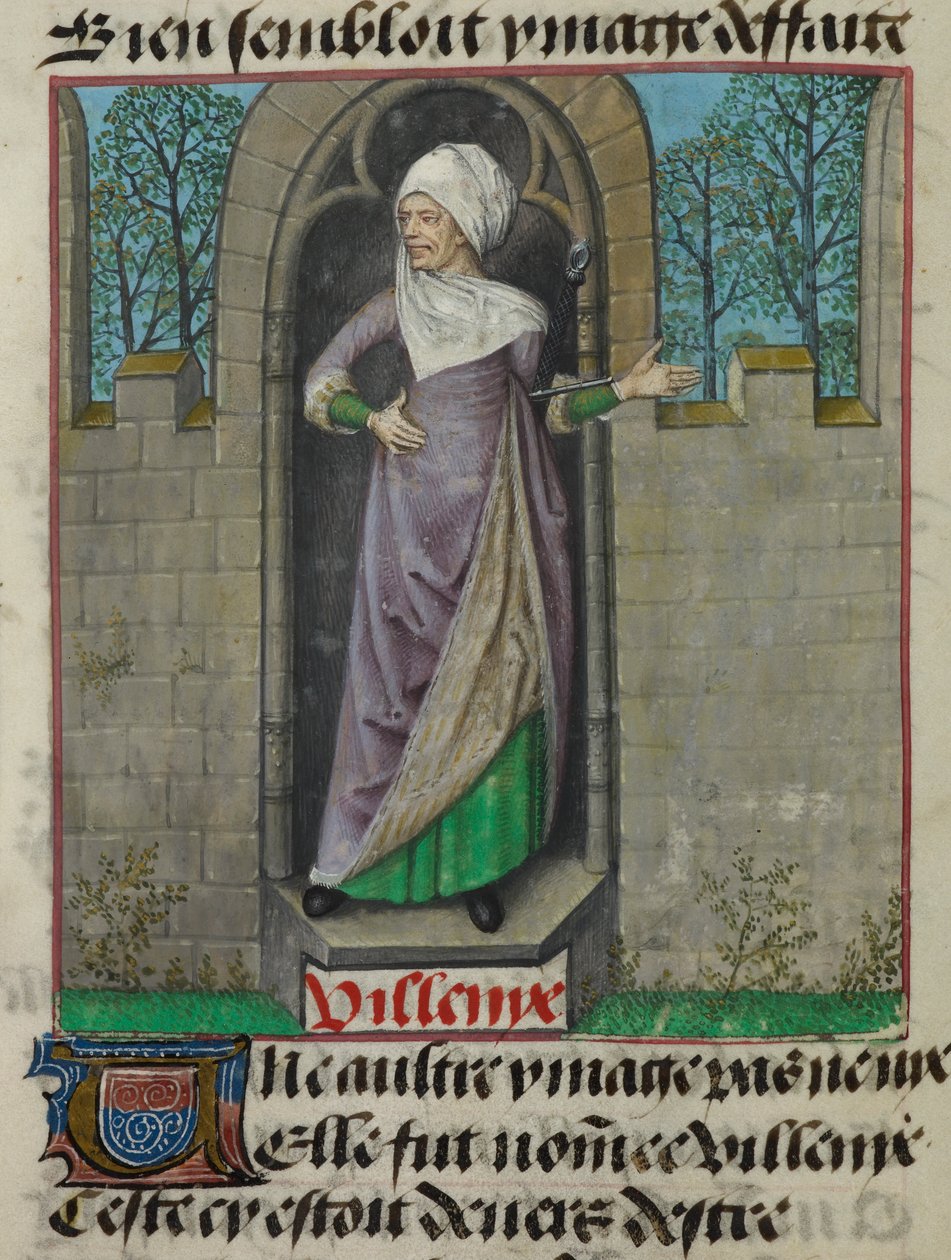 Detail of a miniature of the allegorical figure of Vilenie (Villainy), in the second column of the folio, from 