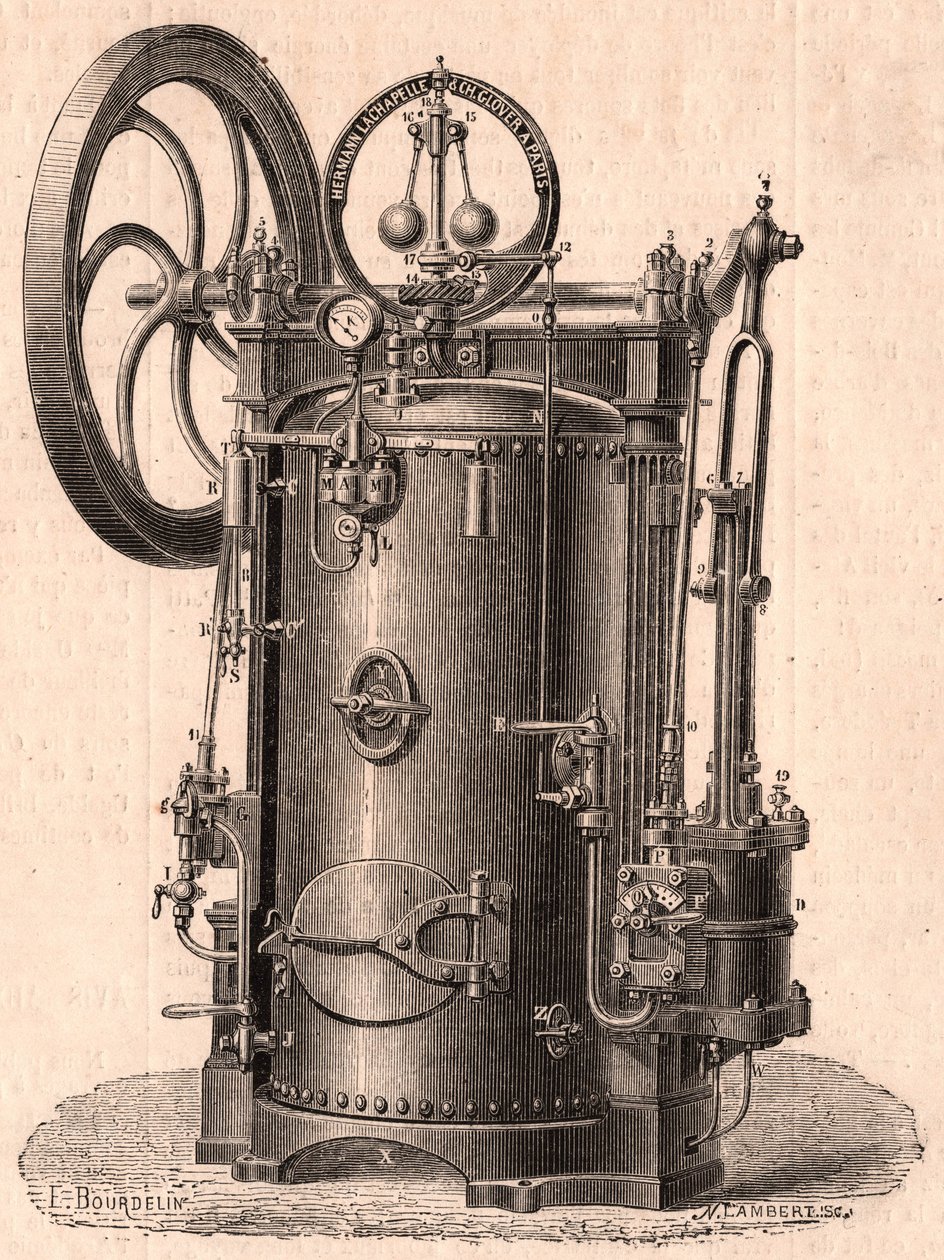 1866年にパリで生産された小型蒸気エンジンの詳細な技術ビュー