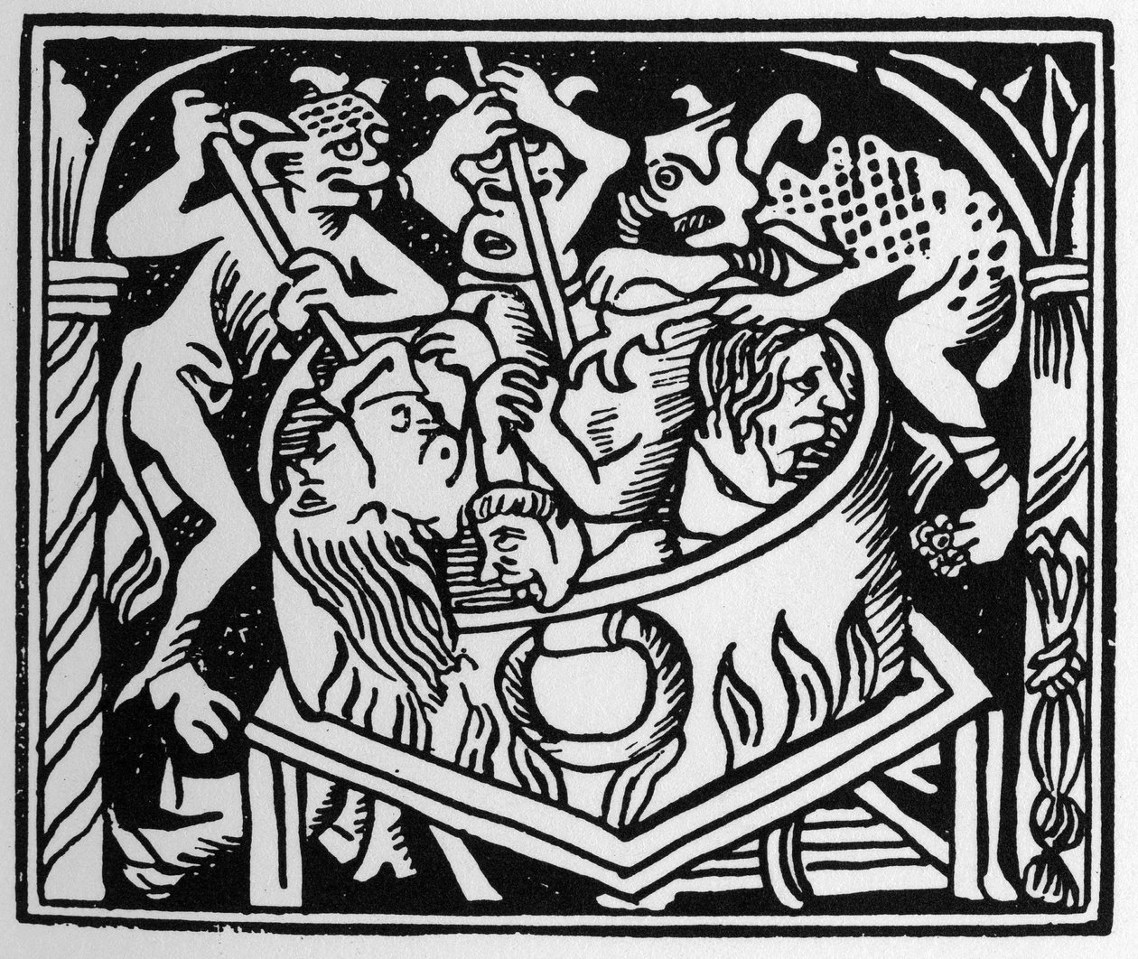火と硫黄の井戸で緑を苦しめる悪魔たち - 「Grand Calendrier et Compost des Bergers」（リヨン）にて 作： 無名の画家