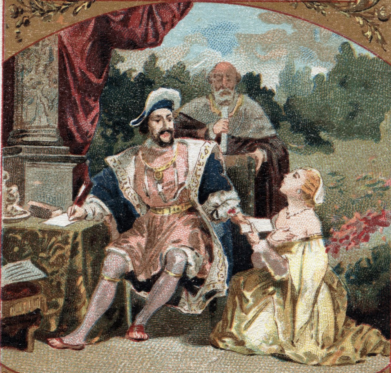 ディアヌ・ド・ポワチエ（1499-1566）ブリーズ家の女性がアネ城（ウール＝エ＝ロワール）で、ブルボン家のコネタブルの犯罪組織に手を染めたことで失脚した父の恩寵をフランソワ1世（1494-1547）に懇願している。肖像画のクロモリトグラフ 作： 無名の画家