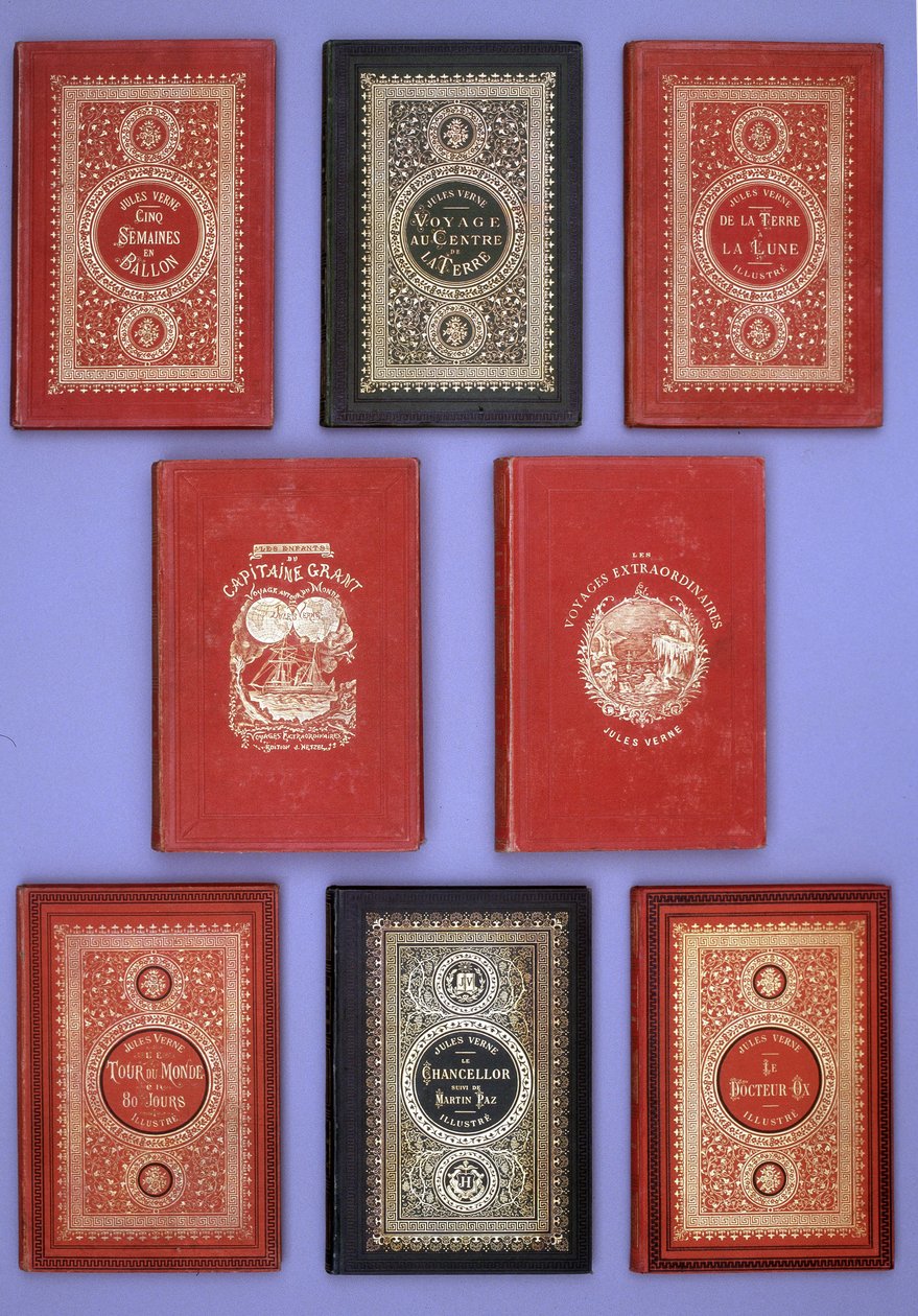ジュール・ヴェルヌがヘッツェル版で出版した書籍の様々な表紙。ヴェルヌ図書館のコレクション。パリ 作： 無名の画家