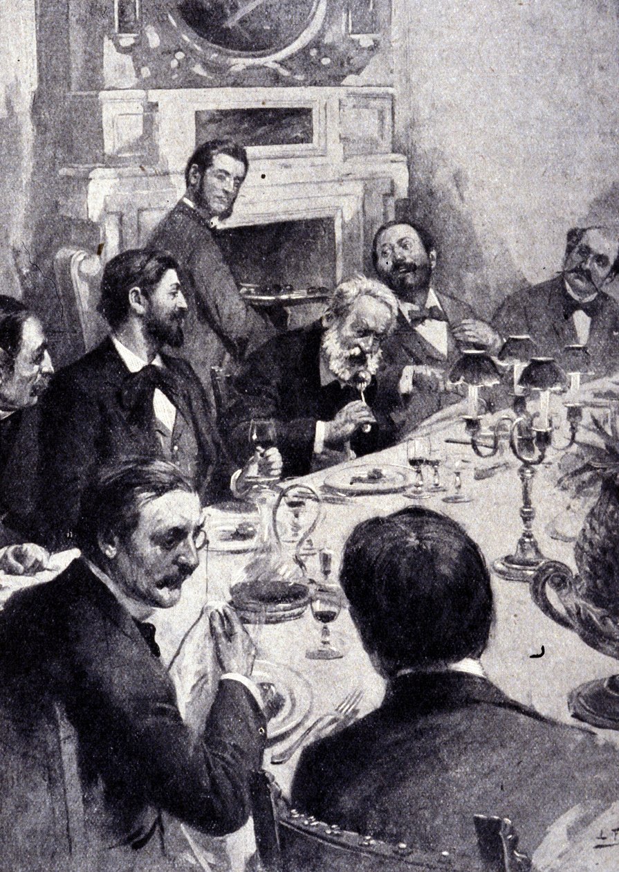 ヴィクトル・ユーゴーの「食卓」と、フランスの俳優ジャン・モーネ・サリー（Mounet-Sully）（1841 - 1916）。19世紀のエングレーヴィング。 作： 無名の画家