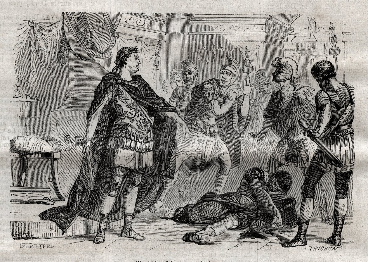 ディオクレティアヌス (Caius Aurelius Valerius Diocletianus Augustus) (244-311) dying Lucius Flavius Aer - "Dictionnaire populaire illustrious" に刻まれたもの - 1864年 - Joseph December と Edmond Allonier によるもの -。 作： 無名の画家