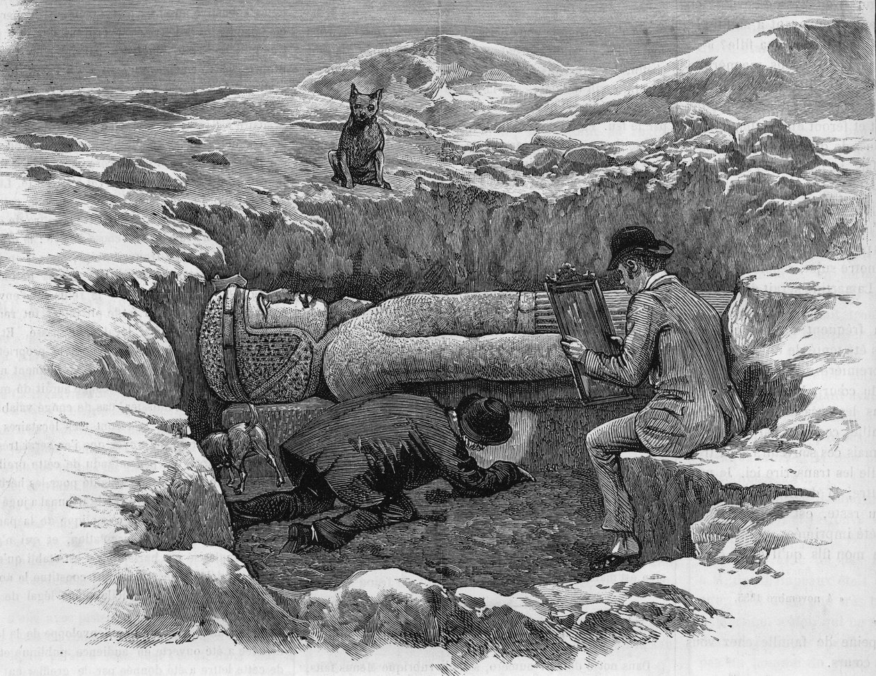 ラムセス2世の巨大な像を発見。鏡の反射を利用してヒエログリフを算出。1886年に作成された版画。 作： 無名の画家