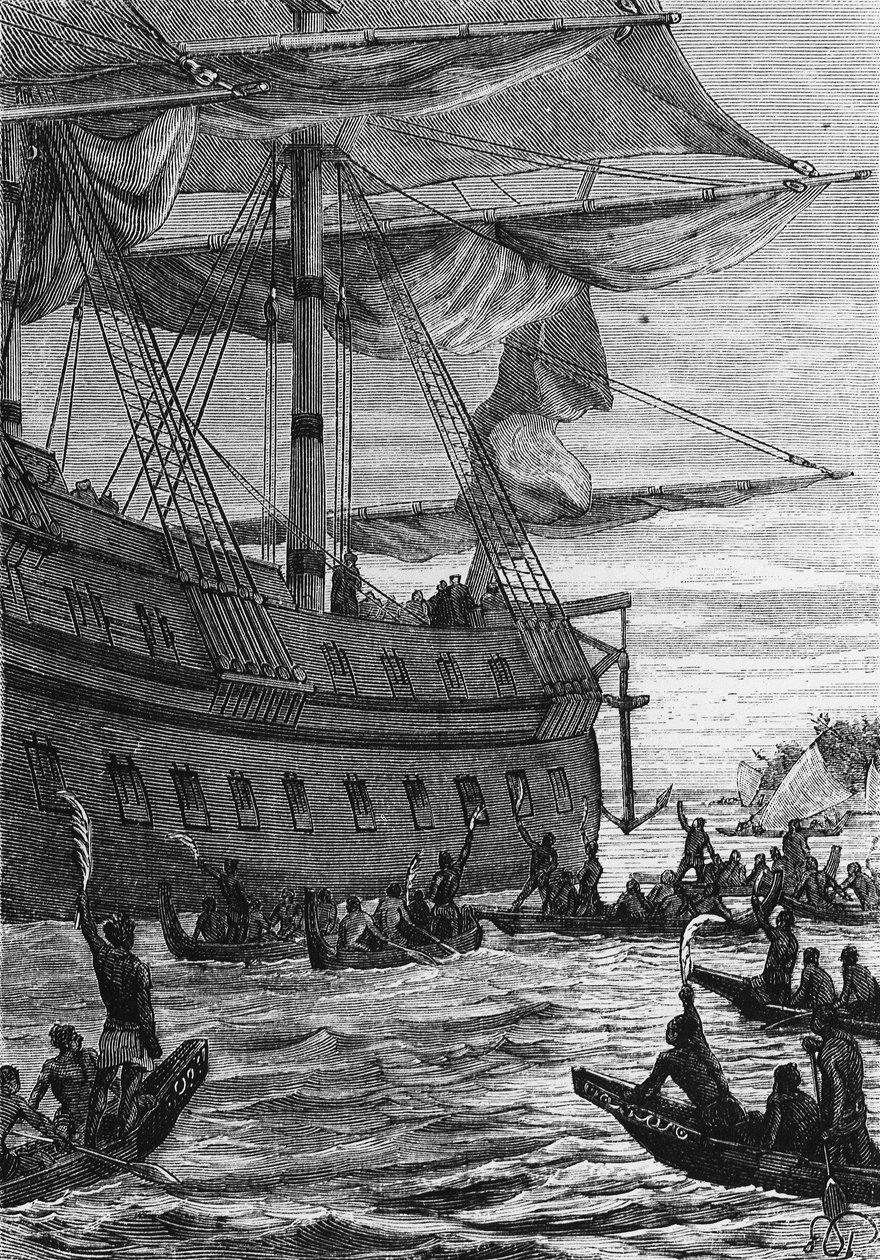 Discovery des Indes：太平洋におけるウォリスの航海、コロン人に会いに行く先住民-ジュール・ヴェルヌ著「Les Voyageurs du 18eme et 19eme ecle」（Hetzel et Cie, Paris編）に掲載されています。 作： 無名の画家