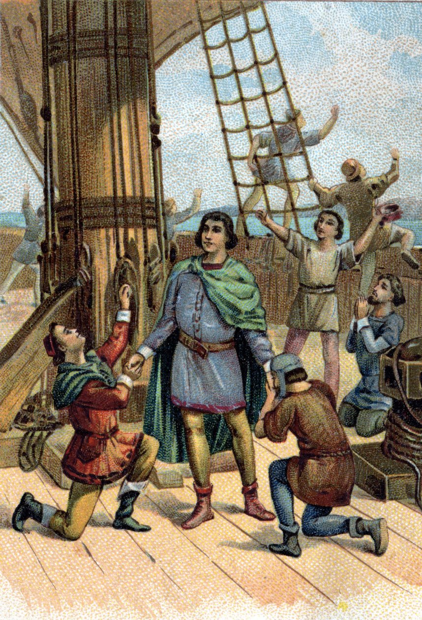 1492年、クリストファー・コロンブス(Cristoforo Colombo)によるアメリカ大陸の発見。 作： 無名の画家