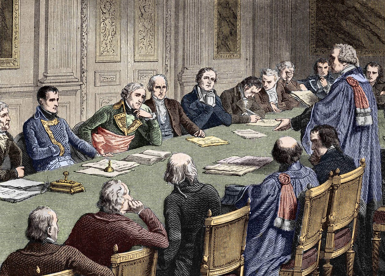 国家評議会 (1800-1804) での民法の議論では、最初の執政官の議長の下で、ナポレオン ボナパルトがジャン ジャック レジス ド カンバセレスを残しました。 19 世紀の彫刻。 作： 無名の画家