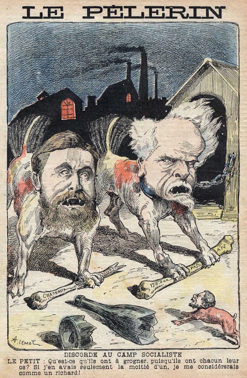社会主義者ジャン・ジョレス（1859-1914）（左）とアンリ・ロシュフォール（1831-1913）（右）の争い。1898年6月19日付の「ル・ペレラン」紙に掲載されたイラスト。 作： 無名の画家
