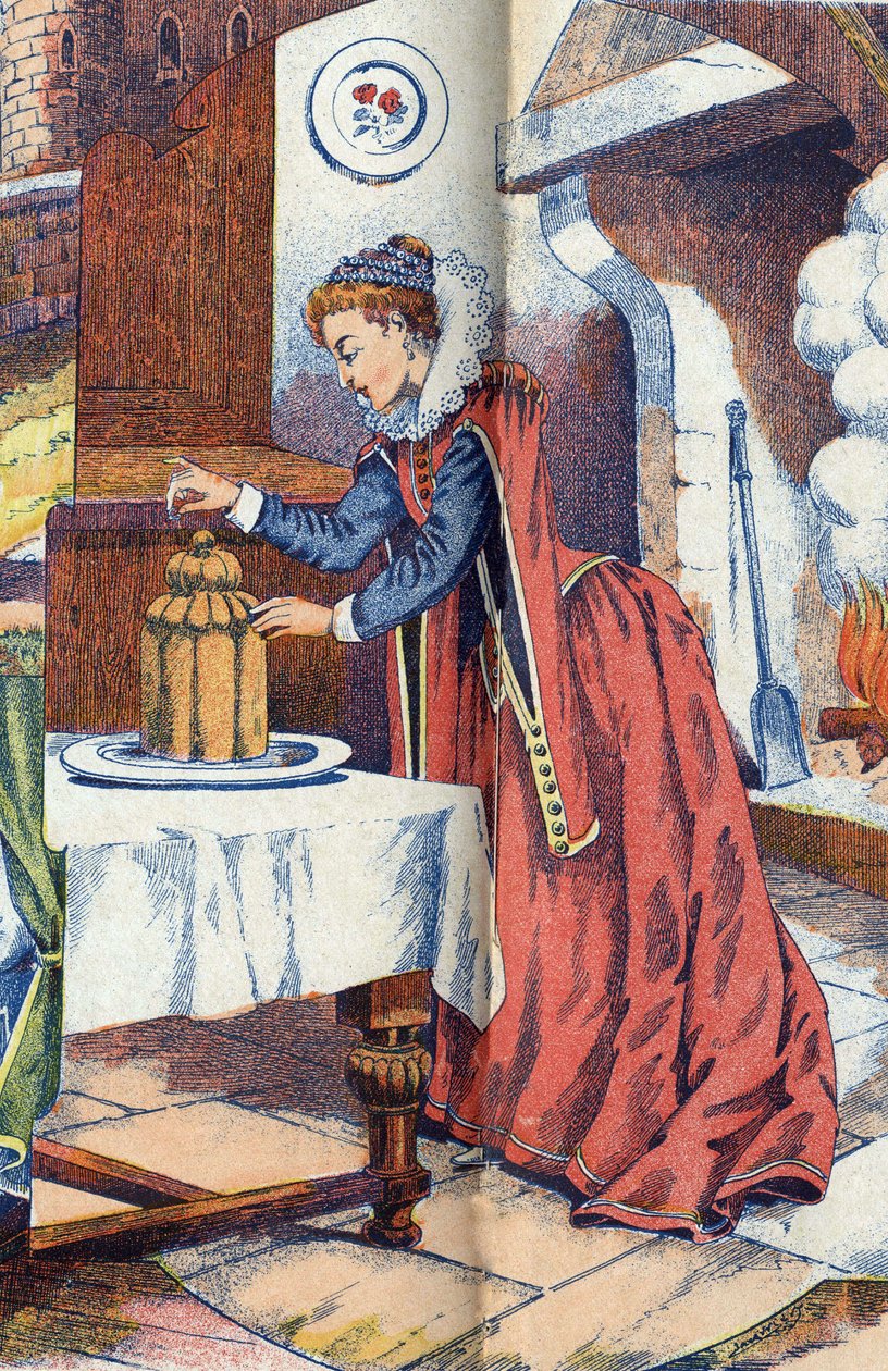 ロバの皮が指輪をケーキの中に落としてしまう。フランスの作家、シャルル・ペロー（1628-1703）の物語「ロバの皮」の匿名の挿絵。イメージ：Marcel Vagne, Jarville Nancy, undated (19世紀後半). 作： 無名の画家