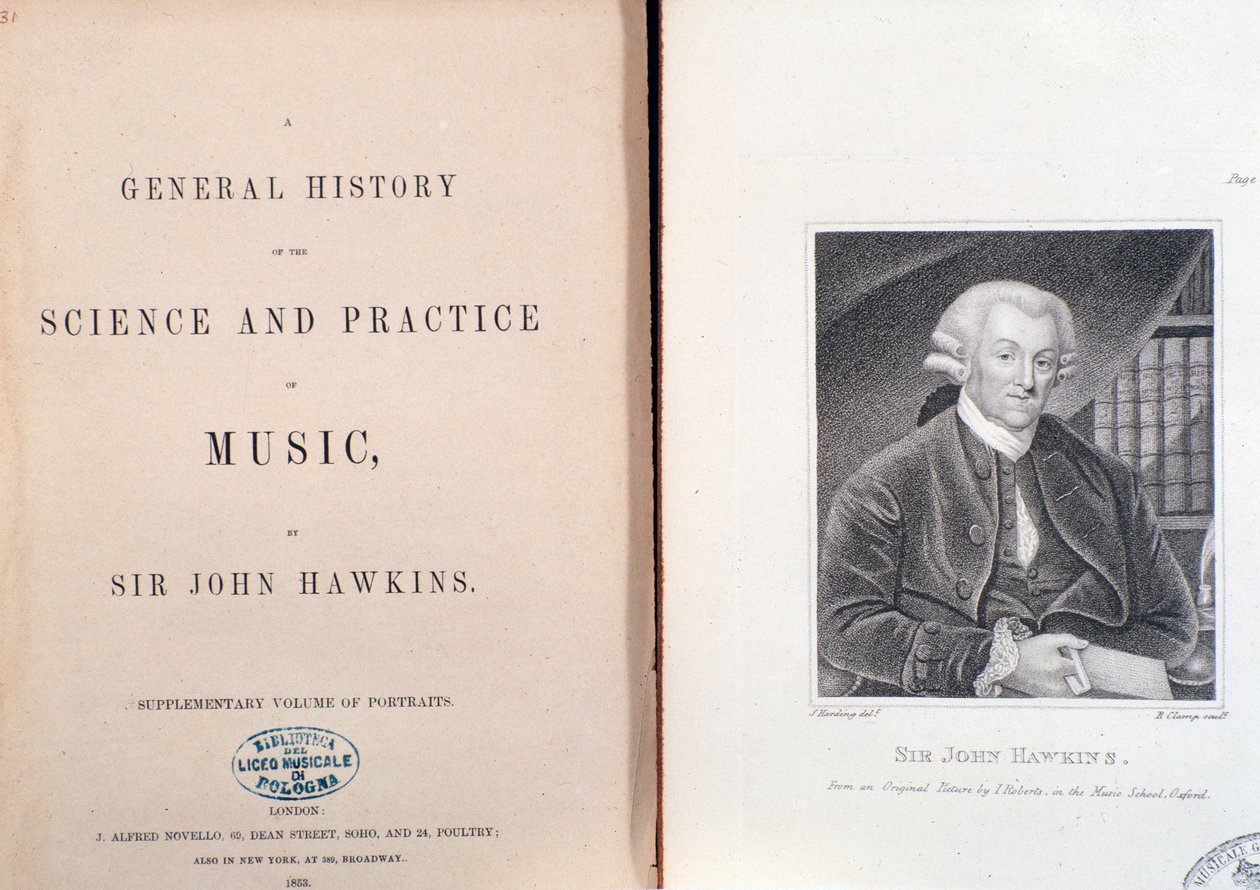 ジョン・ホーキンスの「General History Of The Science And Practice Of Music」の2ページと扉の写真 作： 無名の画家