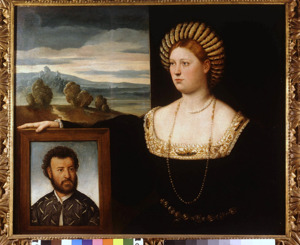 二重肖像画：イザベラ(Isabella) デステ(1474-1539)とB.Licinioによるエステ家の一員の肖像画.ミラノ・カステッロ美術館 作： 無名の画家