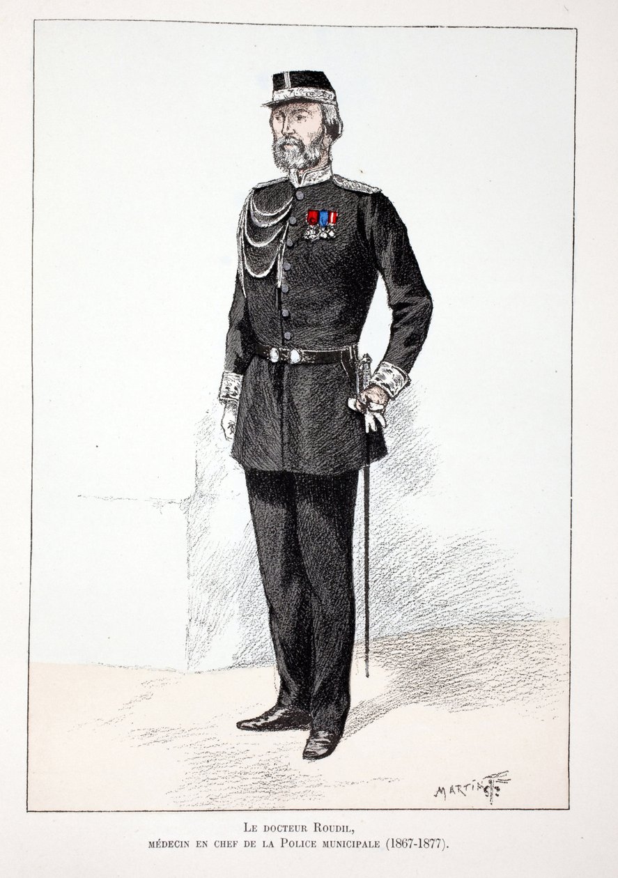 ルディル博士、市警の主任医務官（1867年～1877年）。セーヌ川警部のルイ・ルピーヌ（1846-1933）の後援で出版された本「平和の戦士たちの歴史」の挿絵のためのカラー・エッチング。 作： 無名の画家
