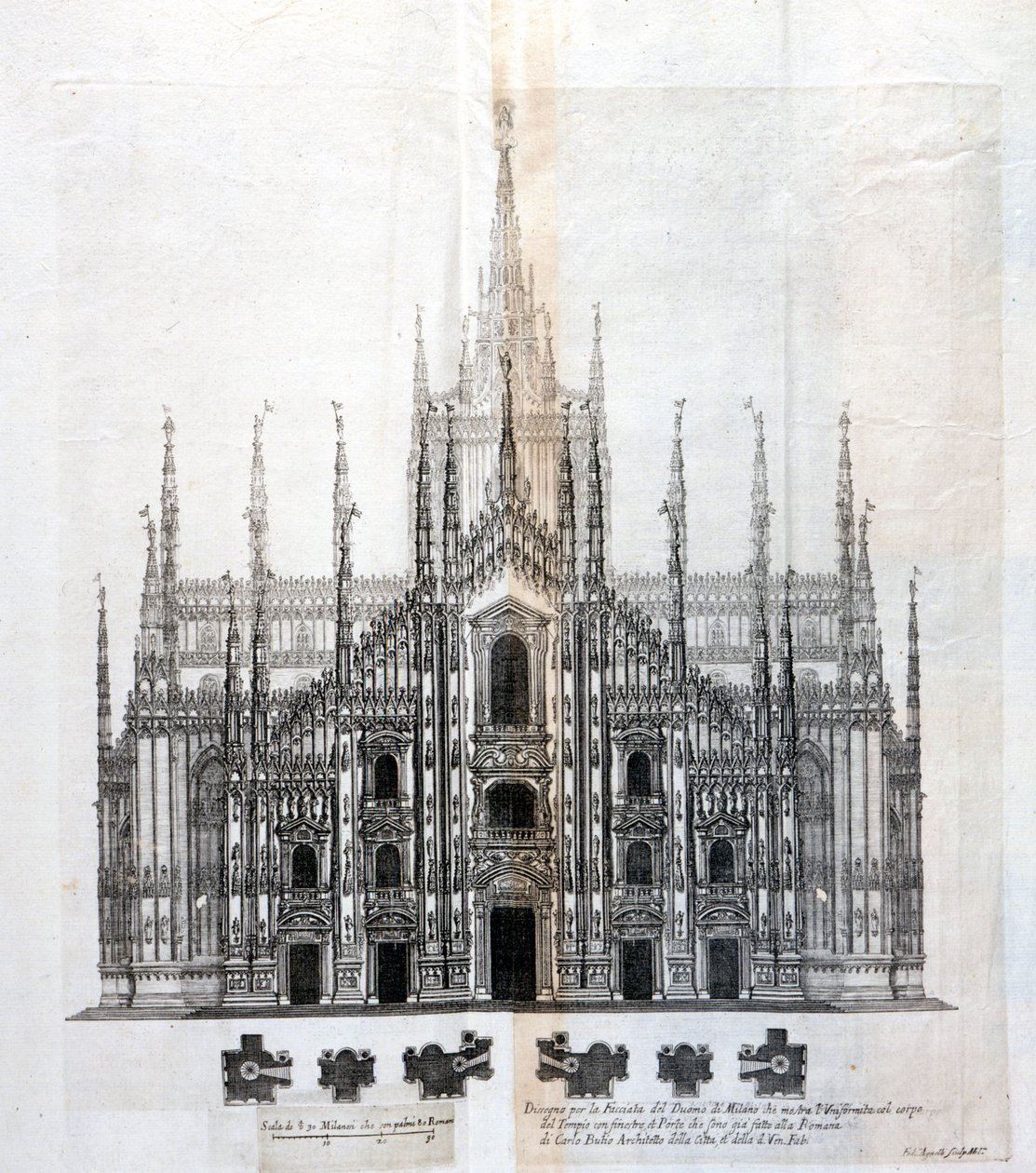 ミラノのドゥオモのファサードを描いたもので、建物本体との統一感がある。17世紀頃には、未完成だったファサードを完成させるために、多くの建築プロジェクトが設計されました。 作： 無名の画家