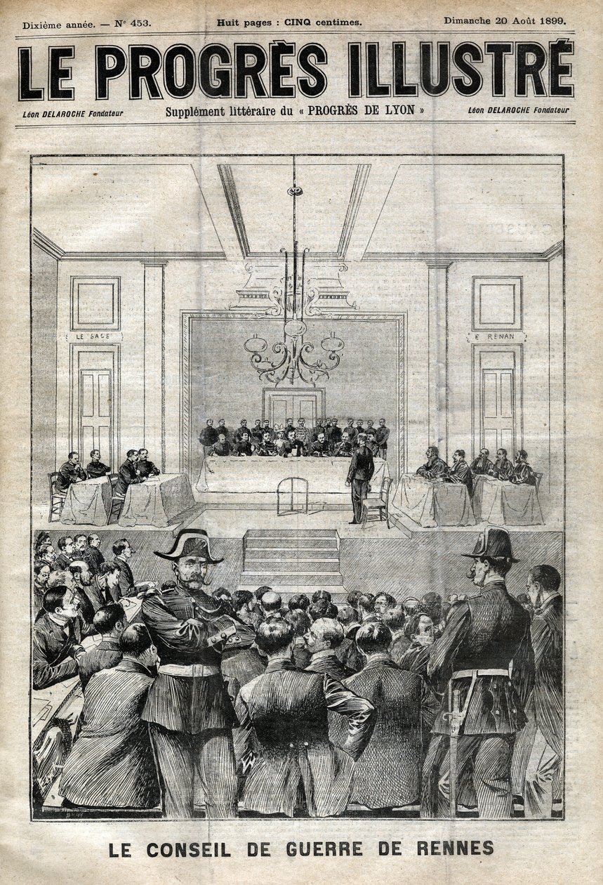 ドレフュス事件レンヌ裁判。戦時評議会でのアルフレッド・ドレフュス（1899年）。8月20日の「Le progresses de Lyon」の表紙 作： 無名の画家