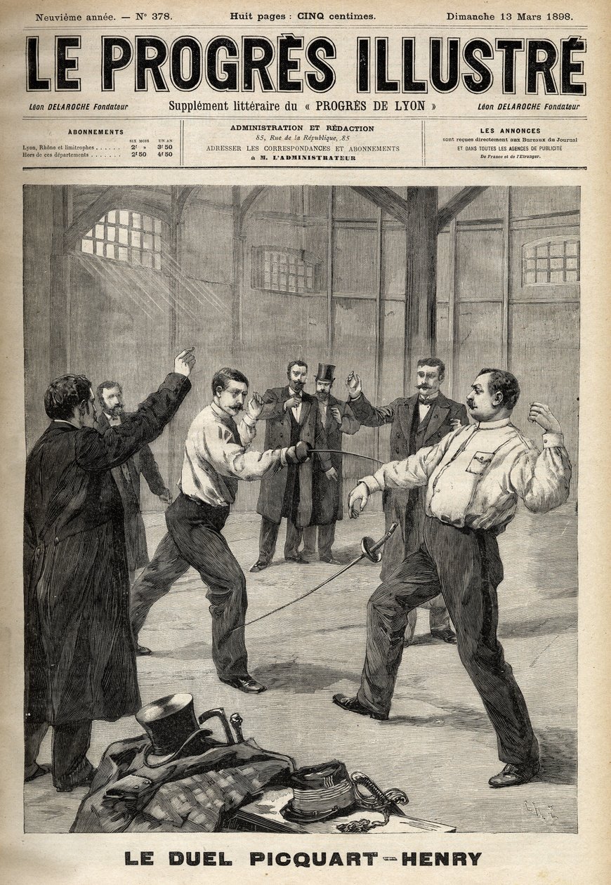 ドレフュス事件。ジョルジュ・ピカール中佐（1854-1914）とユベール・アンリ（1846-1898）の決闘。 作： 無名の画家