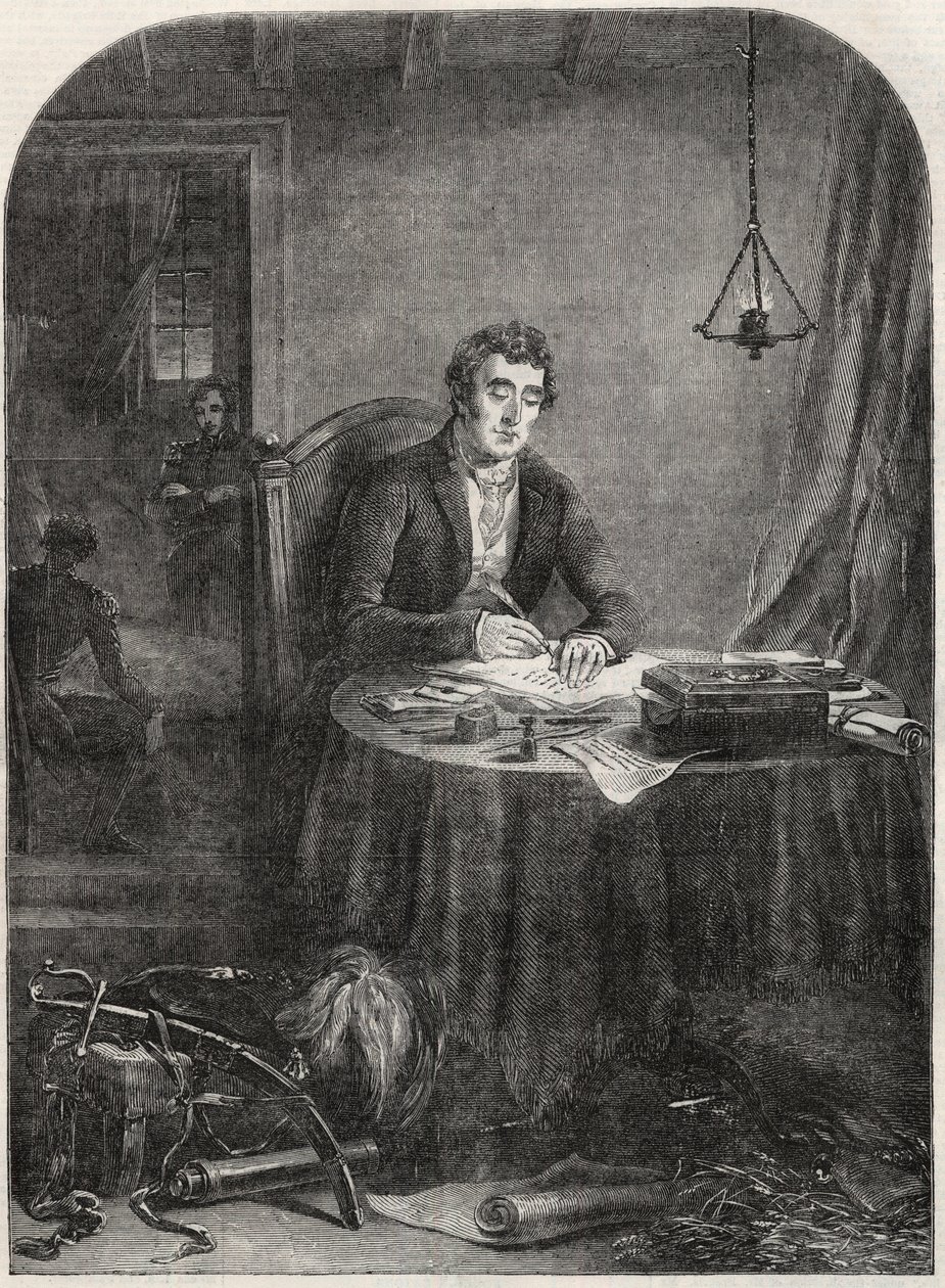 ウェリントン公爵（Arthur Wellesley (1769-1852) Duke of Wellington）がワーテルローの後、1815年6月19日にディスパッチを書いている様子 - 1852年の刻印 作： 無名の画家