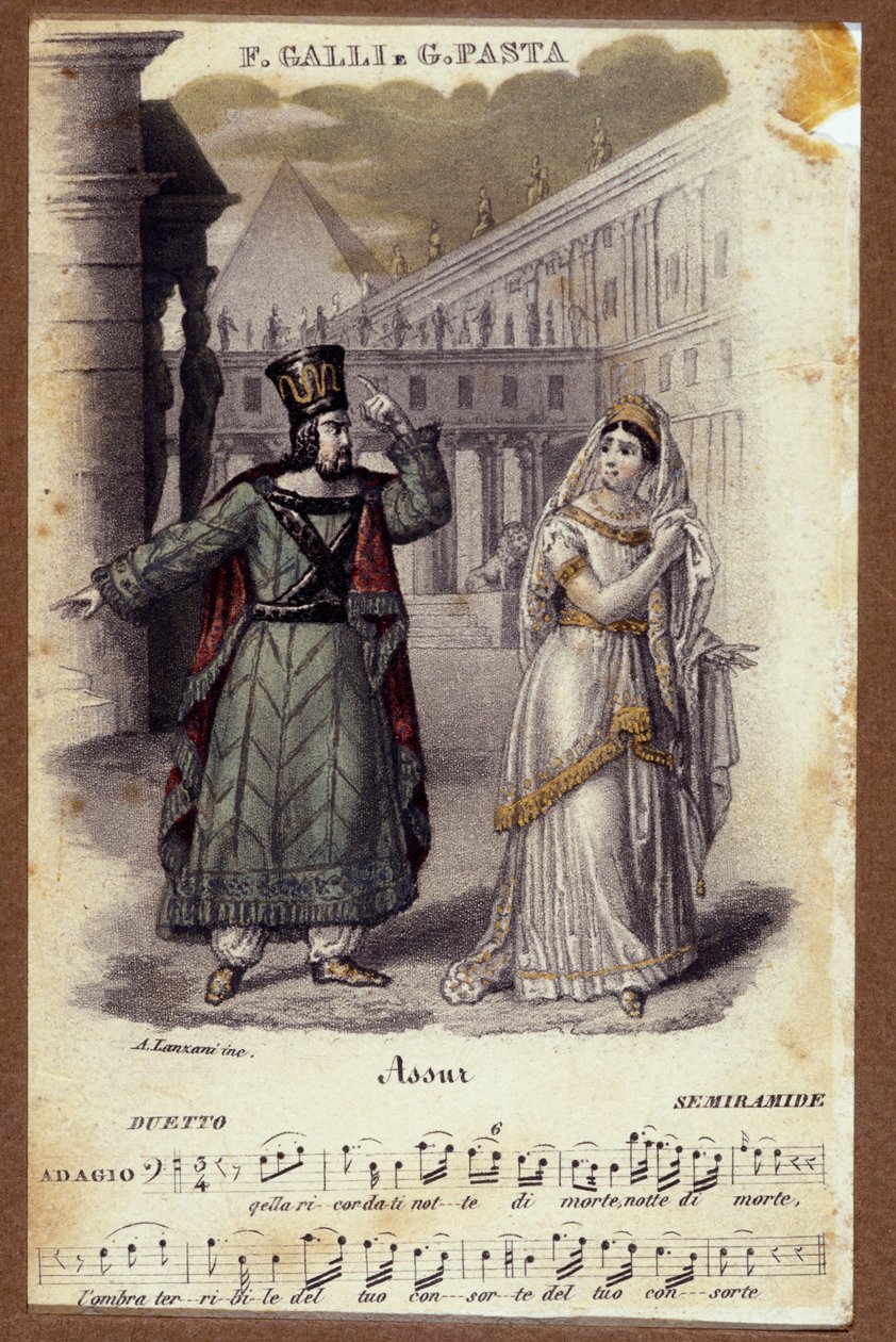 ジョアキーノ・ロッシーニ（1792-1868）のオペラ「セミラミ」におけるジュディッタ・パスタとフィリッポ・ガッリのデュオ。 作： 無名の画家