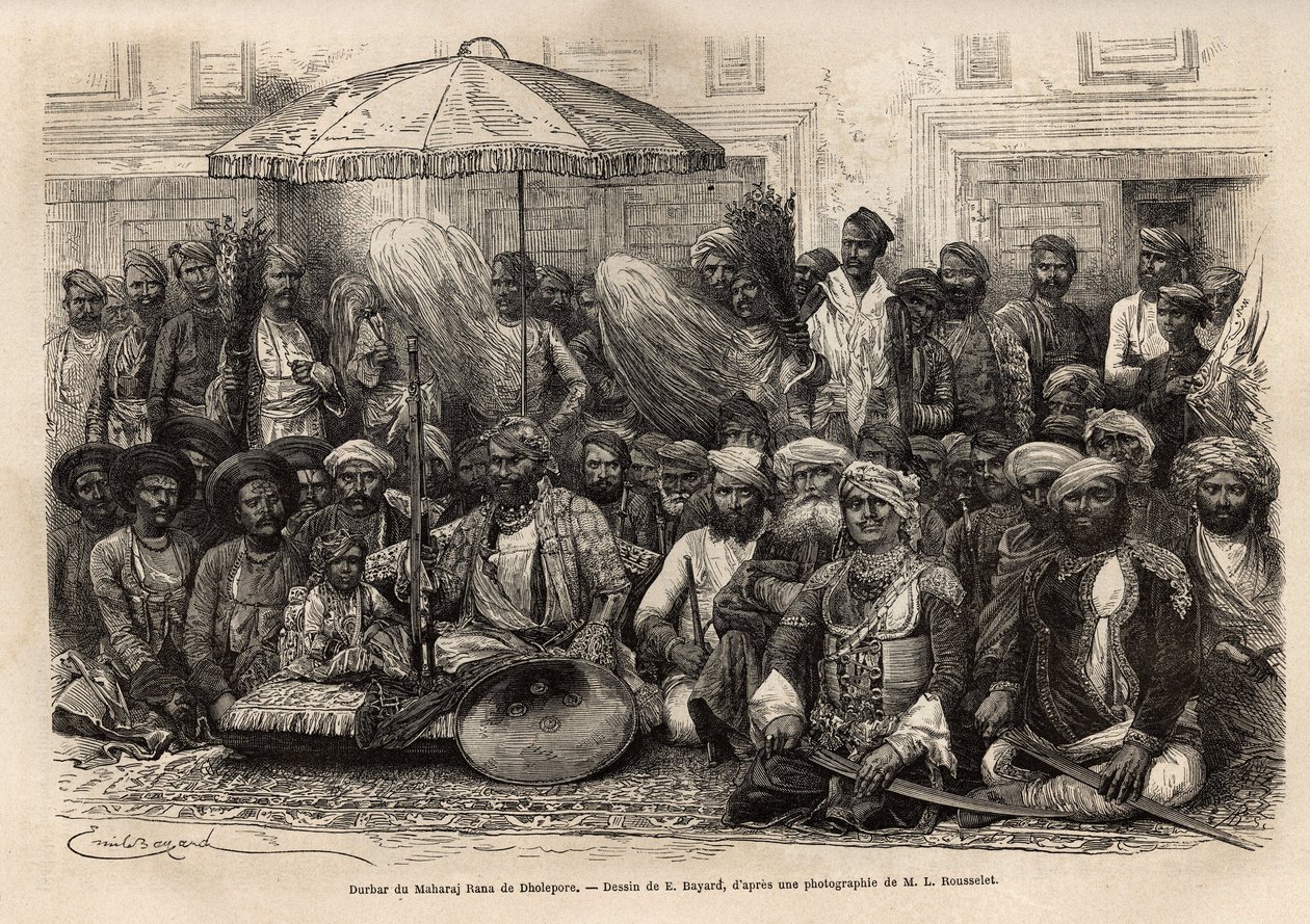 Durbar (feudaler und rechtlicher Rat eines Fürstenstaates) von Maharaja Rana, des Königreichs Dholepore (Rajasthan). Gravur zur Illustration von „L