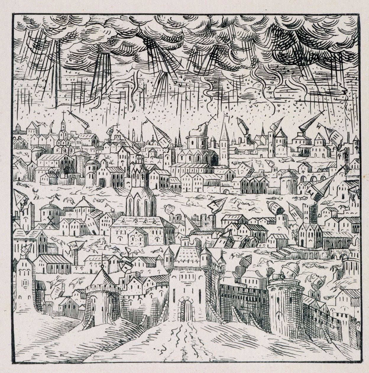 バーデンの地震-「1562年から1586年までのフランスの災難を表す39図のコレクション」（ルイ・ペラン印刷）の中にある。 作： 無名の画家