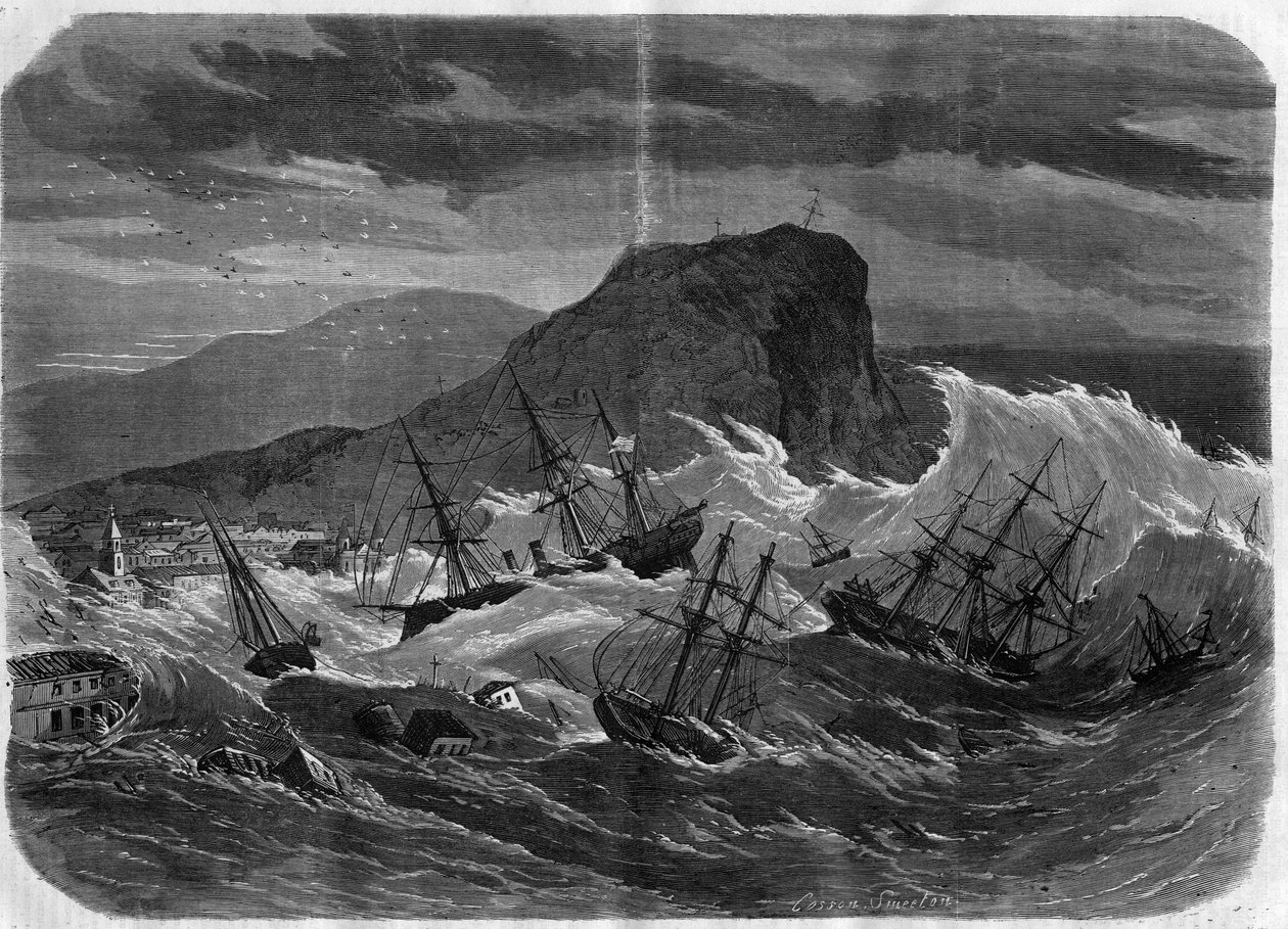 ペルーの地震：1869年9月にアリカの街を水没させた津波 - "Le Journal Illustré "のエングレーヴィング 作： 無名の画家
