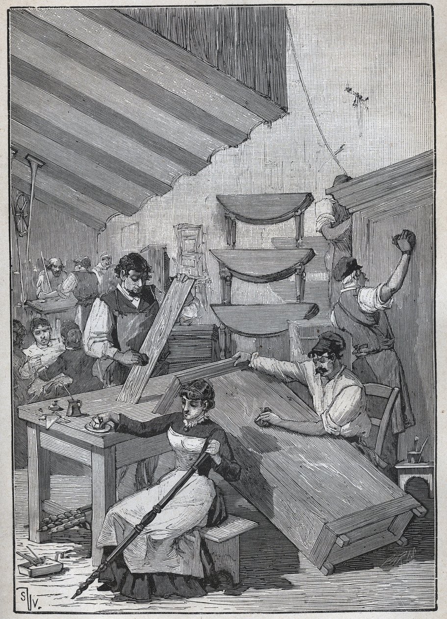エベニステリー：切手のニス塗り作業場。Adolphe BITARDの "Les arts et metiers illustres "に掲載された1885年の版画。 作： 無名の画家
