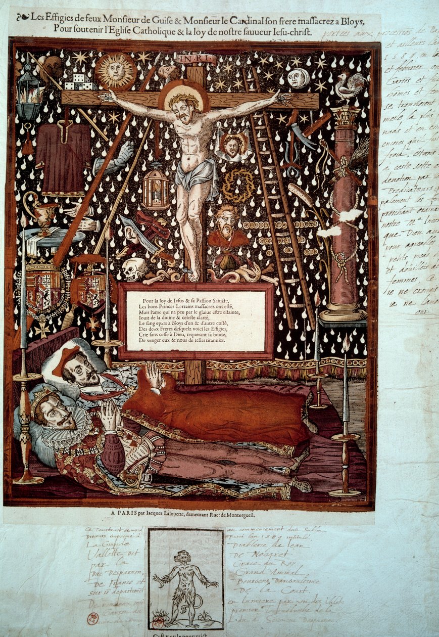 1588年12月23日と24日にブロワで殺害された第3代ギーズ公アンリ1世（1550-1588）とその弟でロレーヌ枢機卿のギーズ公ルイ2世（1555-1588）の亡骸 アンリ3世の命令による16世紀の版画 B.N. 作： 無名の画家