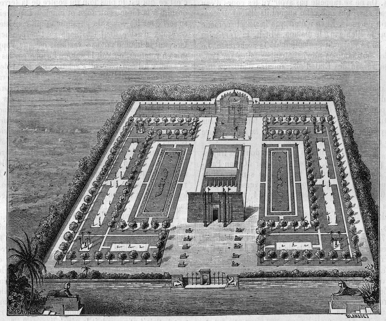 ファラオの時代のエジプトの庭。1879年8月16日付の「La Nature: revue des sciences et de leurs applications aux arts et a l