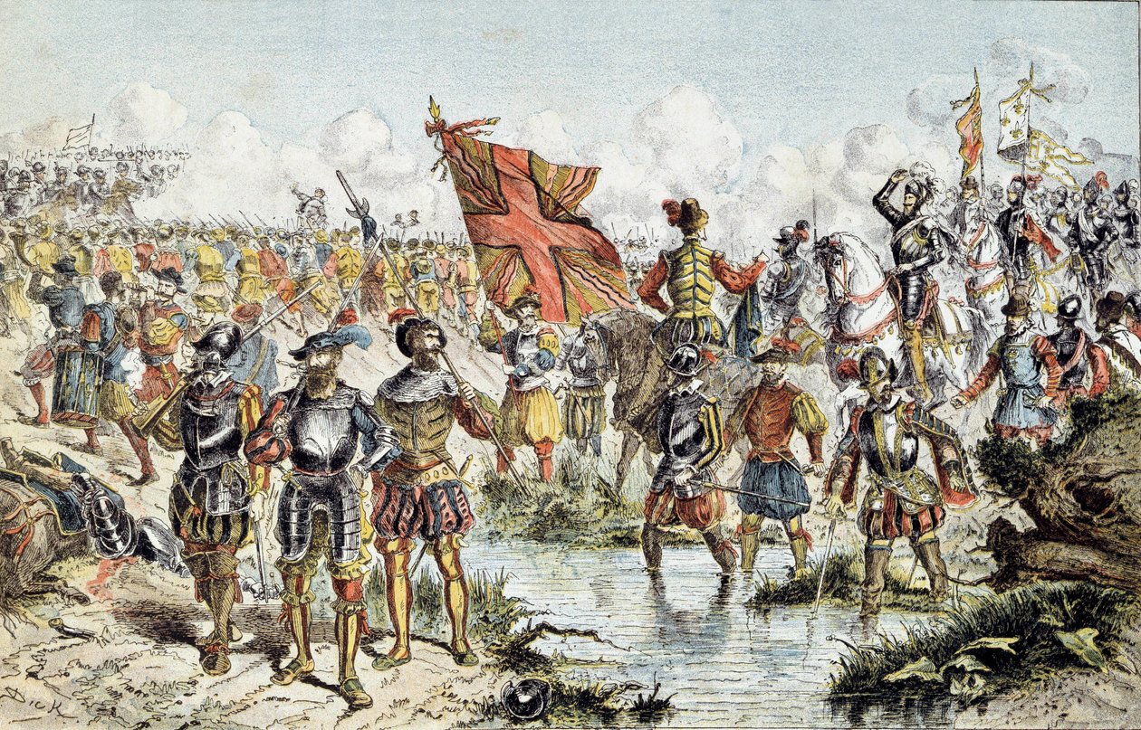 第8次宗教戦争（1585-1598）：1590年3月14日のイヴリーの戦い、ヘンリー4世の王室軍（勝利する）とカトリック同盟の戦い。19世紀のイラスト。パリ、アルミー美術館 作： 無名の画家