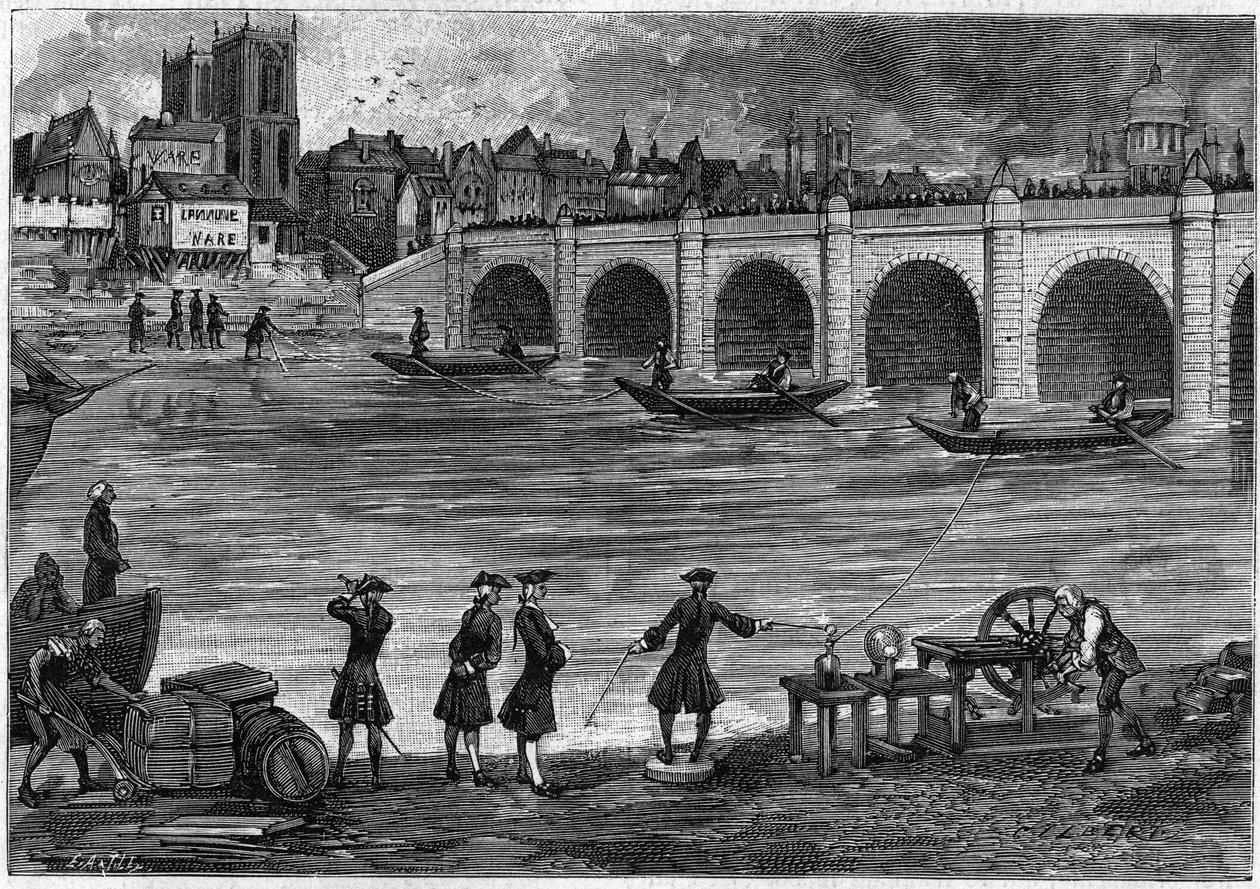 18世紀にイギリスの物理学者ウィリアム・ワトソン（1715-1787）がテムズ川のほとりで行った電気石の実験。1889年5月18日の「La Nature: revue des sciences et de leurs applications aux arts et a l