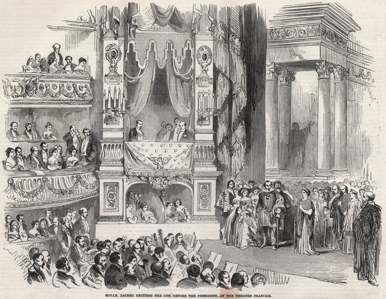 マドモアゼル・レイチェルとして知られるエリザベート・レイチェル・フェリックス（1821-1858）、フランスの悲劇家、1852年にシアター・フランセでナポレオン3世の前で - 第二帝政の公布前夜、レイチェルは1852年10月22日にシアター・フランセで宣言しました。 作： 無名の画家
