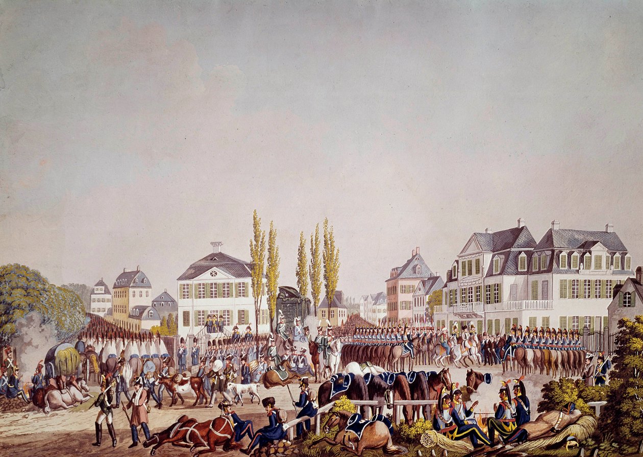 皇帝ナポレオン1世（1769-1821）がフランクフルトで軍隊を閲兵している様子。1813年のエングレーヴィング。フランクフルト、歴史博物館 作： 無名の画家