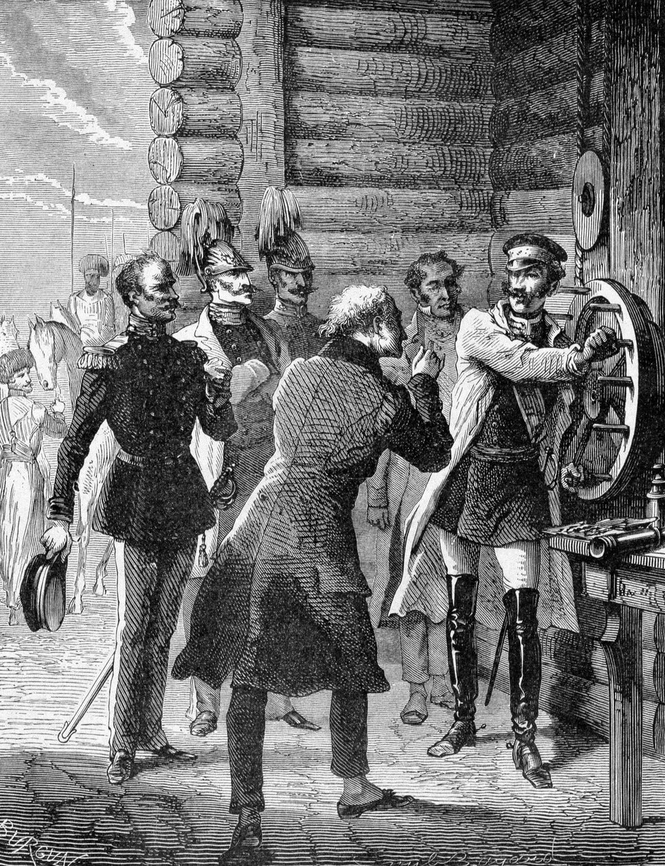 皇帝ニコライ1世は、1838年にサンクトペテルブルクからワルシャワまでの電信線の最初のテストを行った。エングレービング 19世紀 作： 無名の画家