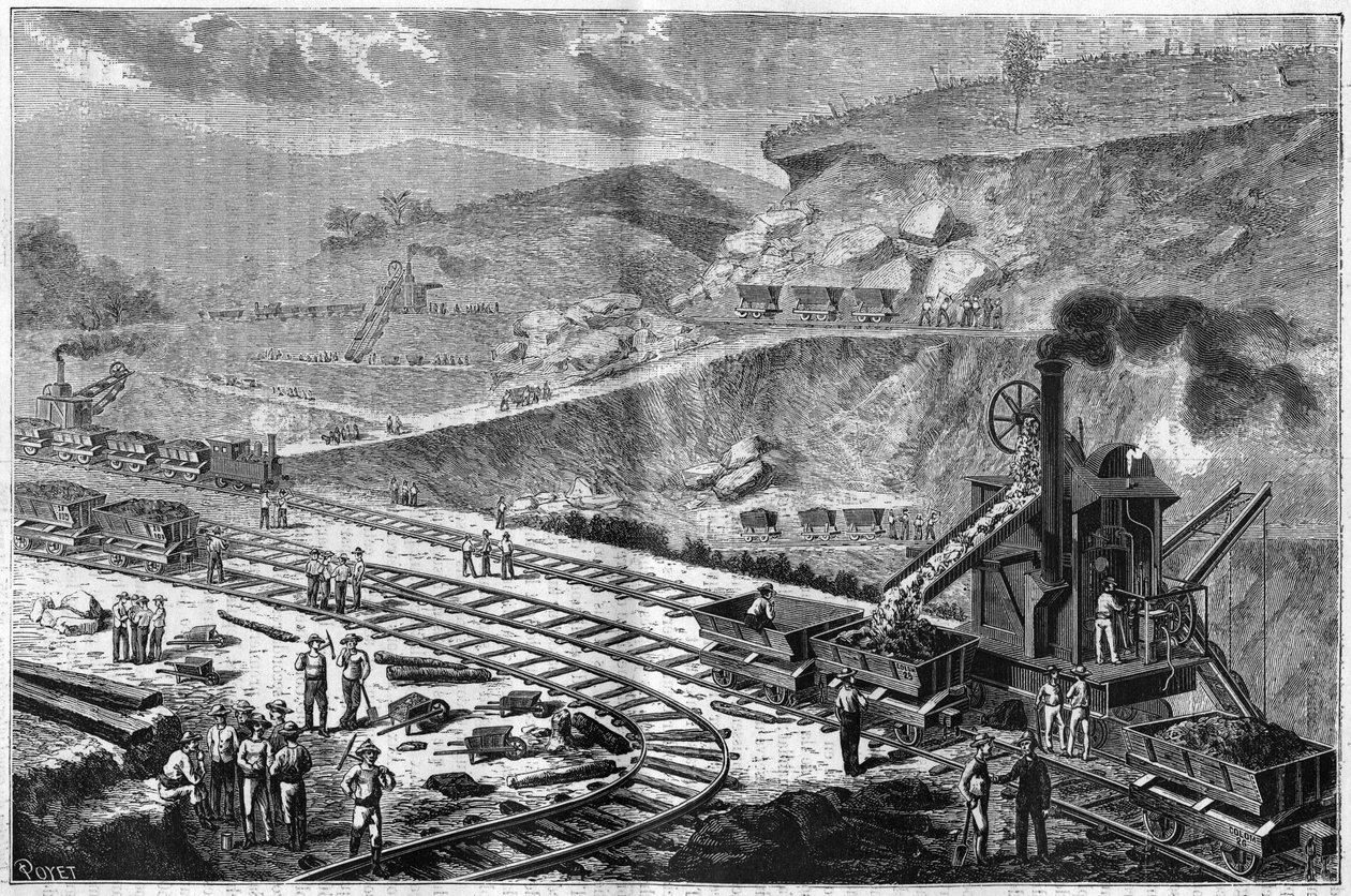 パナマ地峡の掘削作業を描いた1885年の銅版画。エンペラドールの造船所での攻撃の様子。 作： 無名の画家