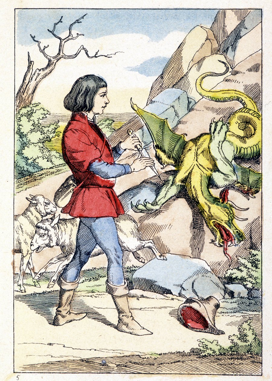 ナイフを持った牧師がドラゴンに立ち向かう様子を描いた版画。牧師がナイフを開いた途端、獣は硬直してしまいました。シャルル・ペローの物語「笛と魔法のナイフ」。 作： 無名の画家