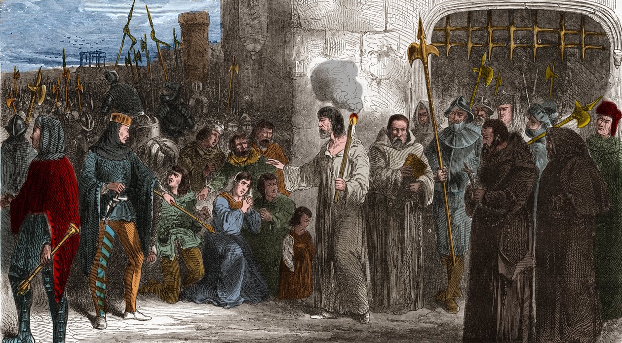 Enguerrand de Marigny (1260-1315) ベル王フィリップ4世の侍従兼大臣が1315年に拷問を受ける様子。Histoire De France En Cent Paintings by Paul Lehugeur」に掲載されているエングレーヴィング（1891年） - Enguerrand de Marigny (1260-1315)はフィリップ4世の侍従長であり大臣であった。 作： 無名の画家