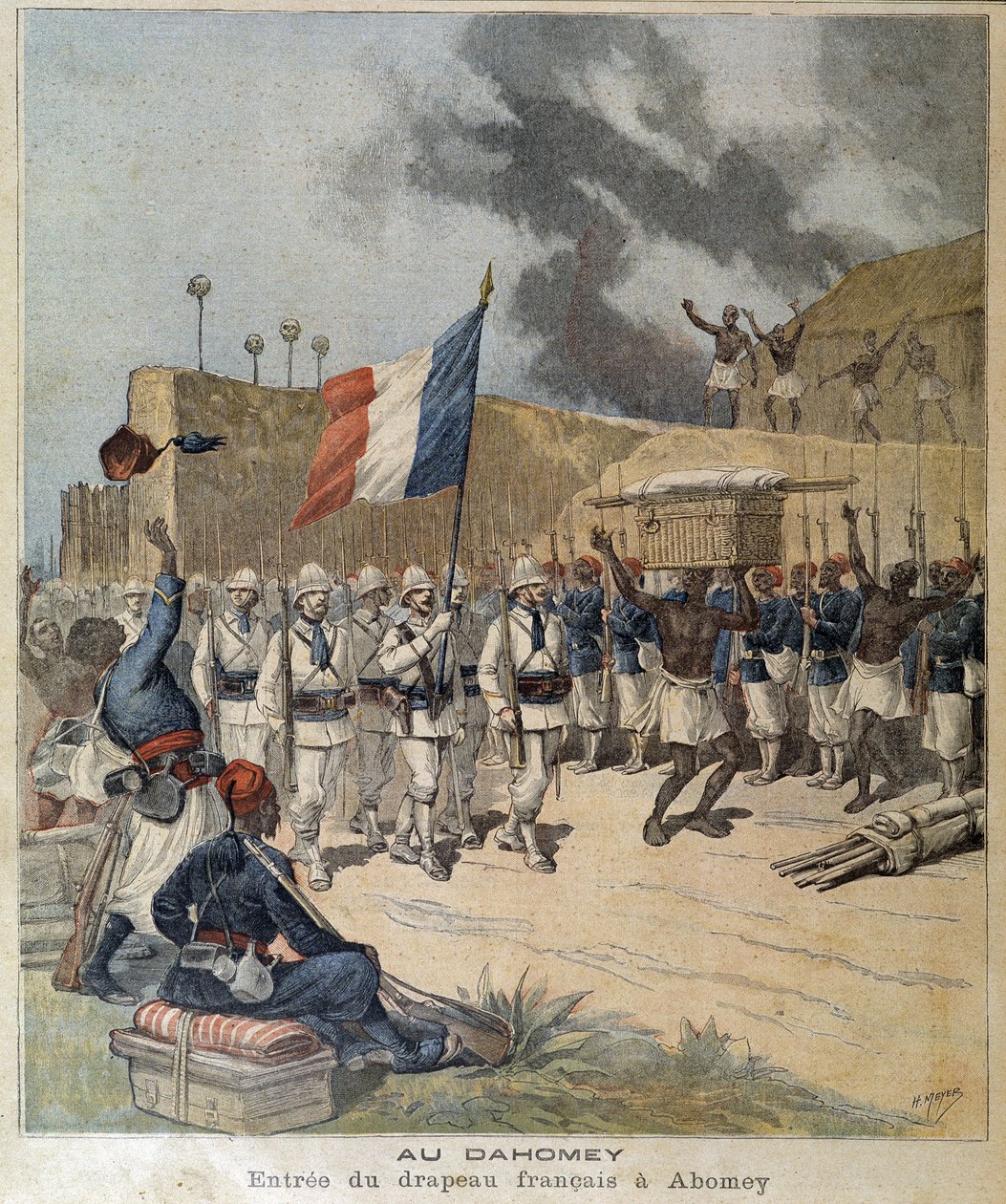 アボメイ（ダホメイ＝現在のベナン）でのフランス国旗の入場 - couv.1892年10月12日の "The Little Journal"。 作： 無名の画家