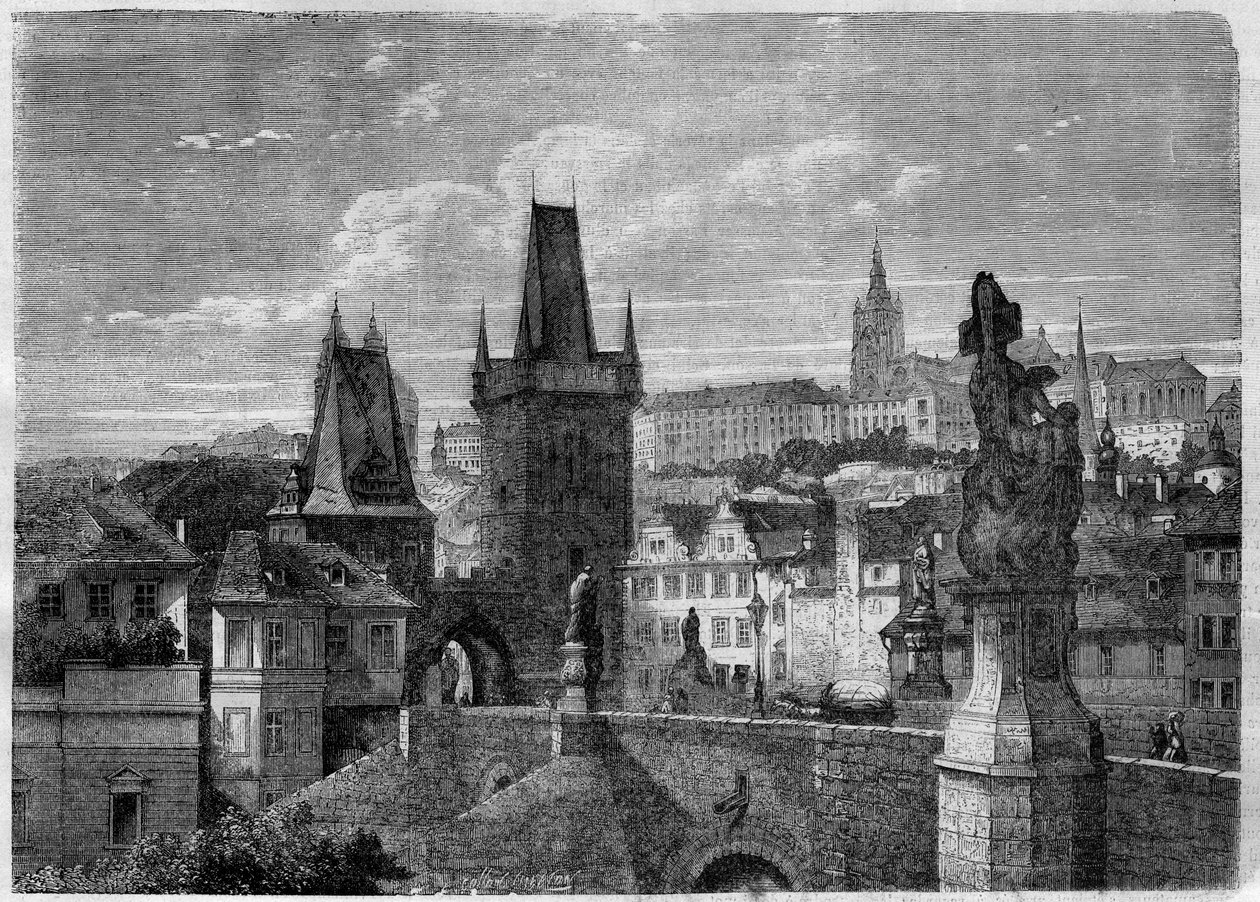 プラハのカレル橋の入り口 - "Le Journal Illustrie "のエングレーヴィング 作： 無名の画家