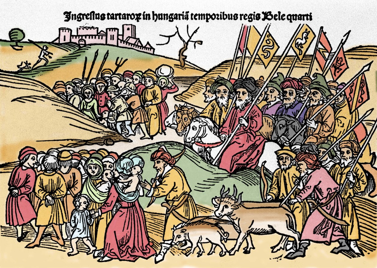 ハンガリーのベラ4世（1235-1270）の支配下にあるハンガリーへのタルタル人の侵入。Chronica Hungariae "の版画。ヴェネツィアのマルチャーナ図書館。 作： 無名の画家