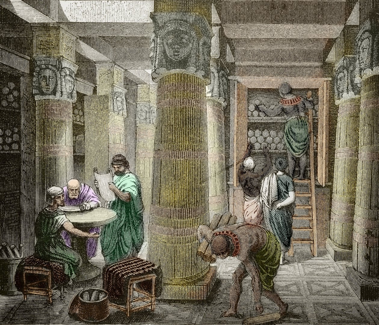 アレクサンドリア図書館の博学、642年に破壊、エジプト) (エジプト、アレクサンドリア図書館の眺め) 19世紀 (彫刻) 作： 無名の画家