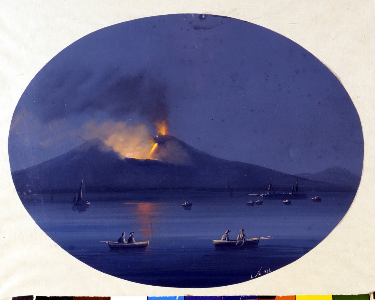 カターニア沖の海上から見たエトナ山の夜の噴火の様子。19世紀の匿名の絵画。 作： 無名の画家