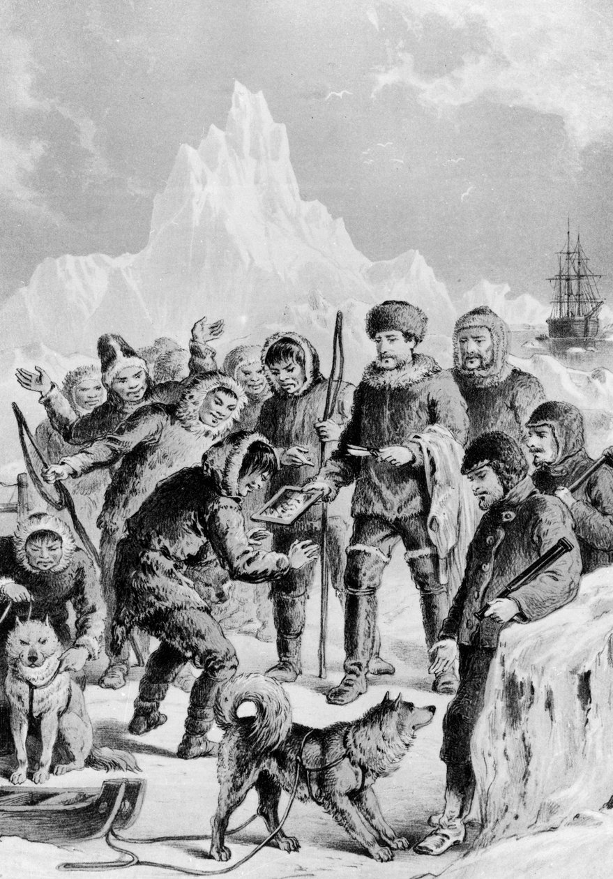 探検隊が持ってきた鏡を発見するエスキモーたち - 初期から1875年の探検まで、イギリスや外国の海岸からのArtic Expedition。 作： 無名の画家