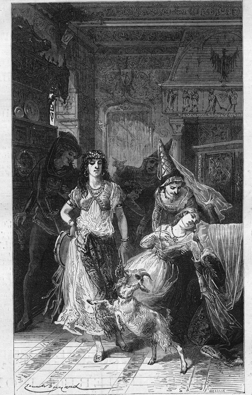 エスメラルダとフルール・ド・リス（Fleur-de-Lys）。ヴィクトル・ユーゴー（1802-1885）の「パリのノートルダム寺院」の挿絵。19世紀末のエングレーヴィング。 作： 無名の画家