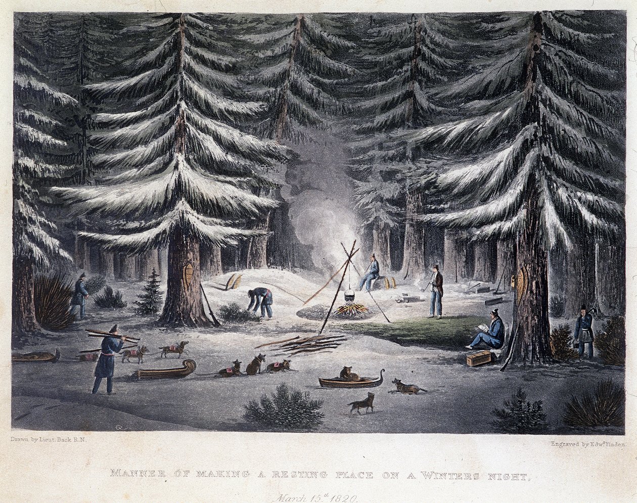 冬の夜にキャンプを張る-ジョン・フランクリン編『Narrative of a journey to the shores of the Polar sea in the year 1819-1821』より。ロンドン 作： 無名の画家