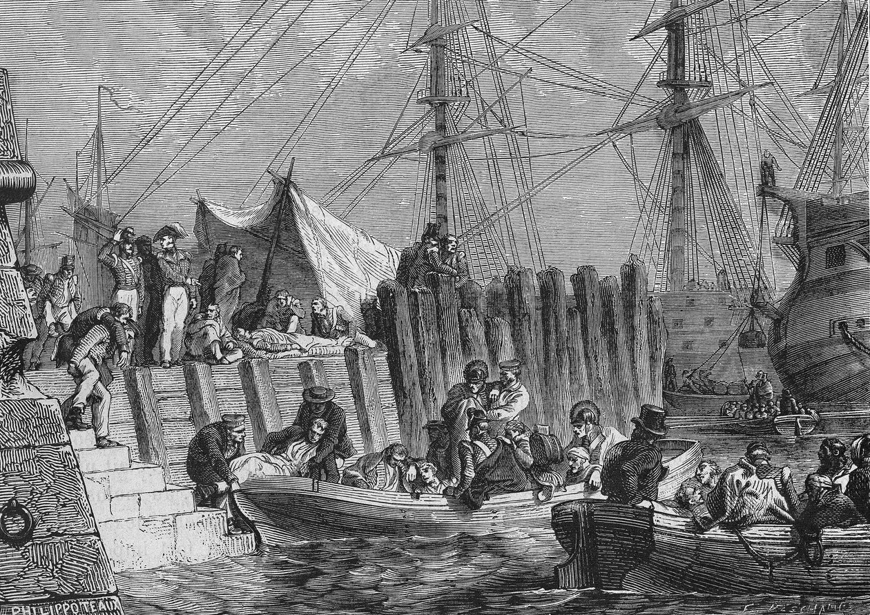 1802年、イギリス人によるフレズリンゲの避難：病人の乗船-アンリ・マルタン著「フランス史」（19世紀）による。19世紀 作： 無名の画家