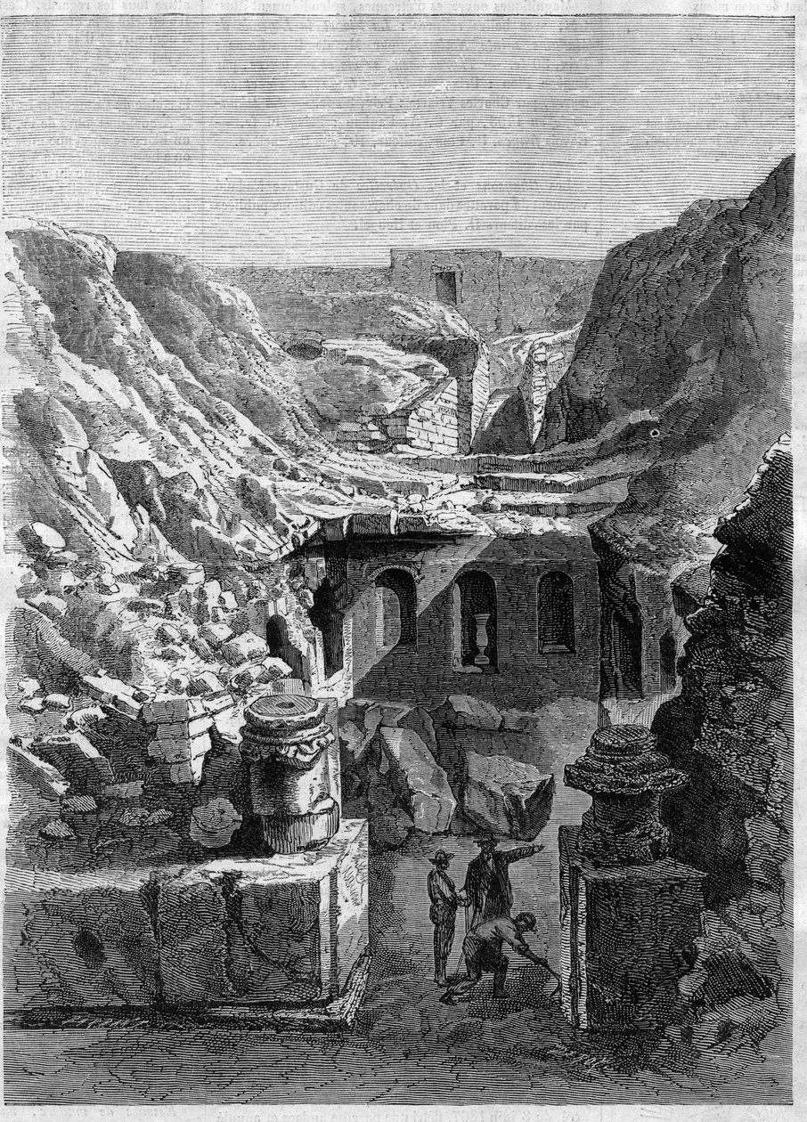 1868年にセンリスで行われた発掘調査では、街の周辺にローマ時代の遺跡が発見されている - 1868年のエングレーヴィング 作： 無名の画家