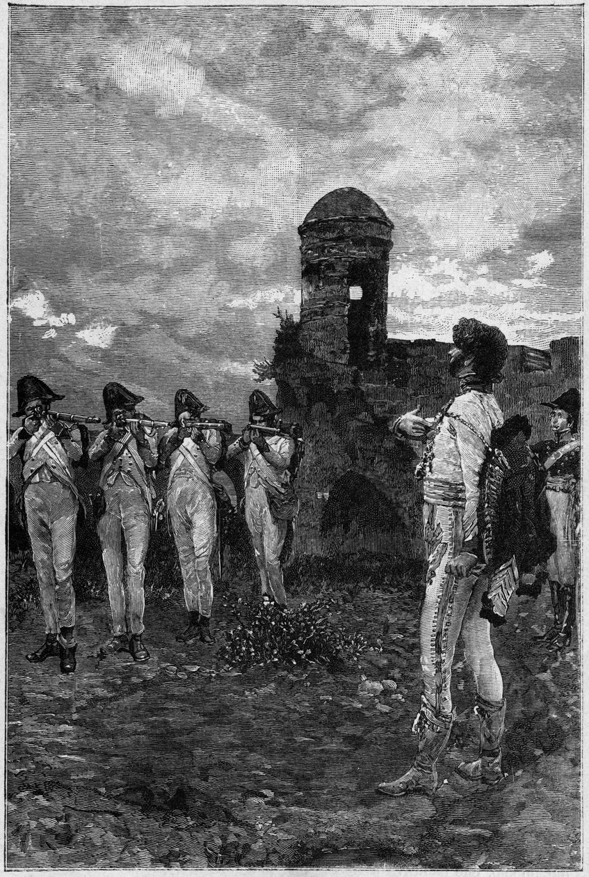 1815年にフランスのマレシャルであり、ナポリ王であったジョアキム・ムラット（1767-1815）の処刑。 作： 無名の画家