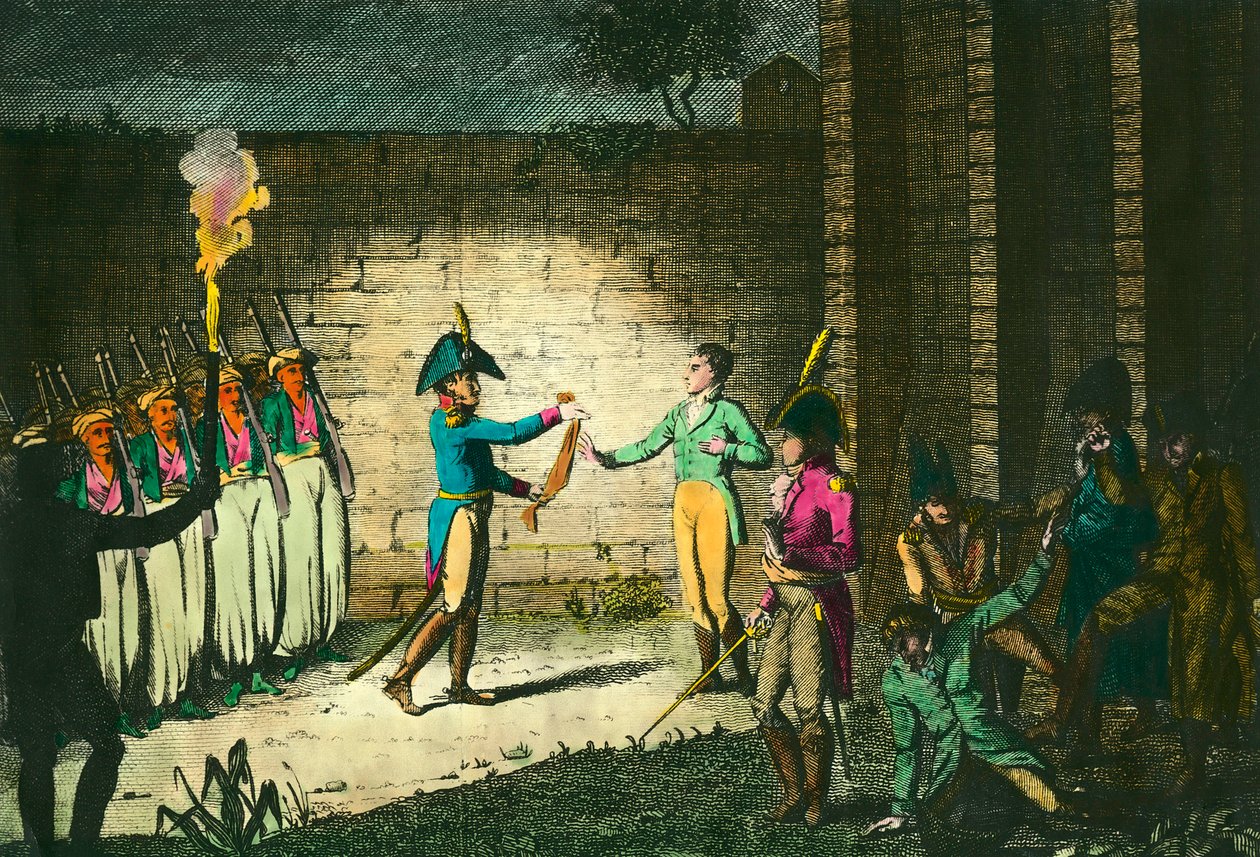 1804年3月21日、第一執政官ナポレオン・ボナパルトに対する陰謀の証拠がなく疑われたアンギャン公ルイ・ド・ブルボン（1772-1804）のヴァンセンヌでの処刑。1804年頃のエングレーヴィング。個人蔵 作： 無名の画家