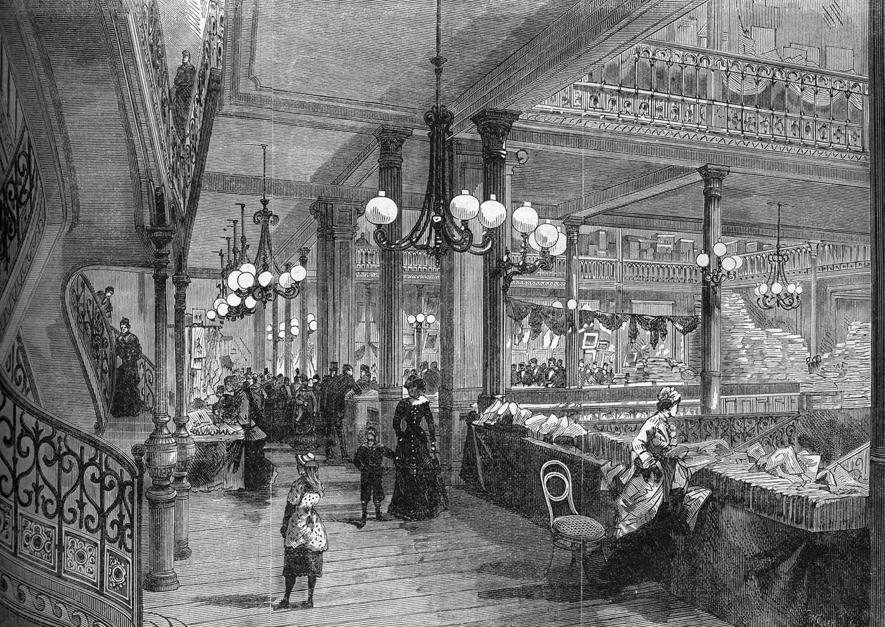 ボン・マルシェ」店舗の拡張。ビュッフェに続く新しいギャラリー。1880年のパリ。 作： 無名の画家